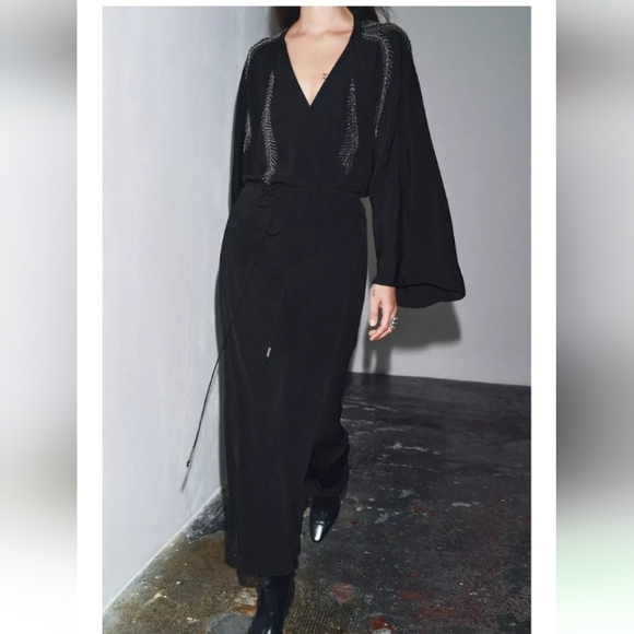 Zara Dresses & Skirts - Zara Zw Collection Elegant Embroidered Beading Long Wrap Dress